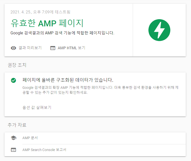 구글 AMP 테스트 페이지 결과